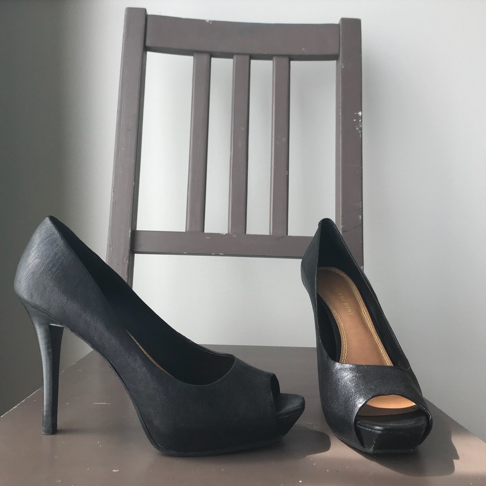 Black Leather Peep Toe Heels
